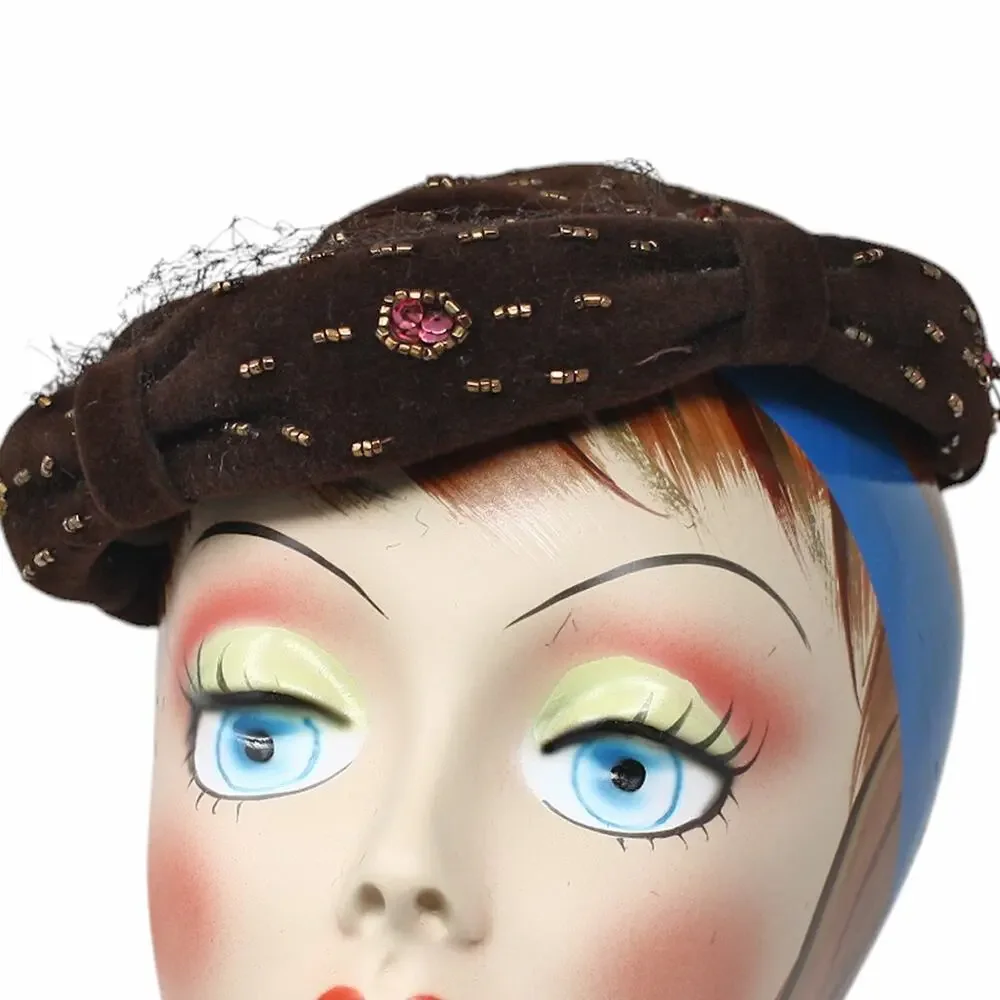 Vintage 40s 50s Brown Felt Hat w Beads Sequins Doyle-Knower Co Utica NY- Hey Viv - Picture 3 of 9